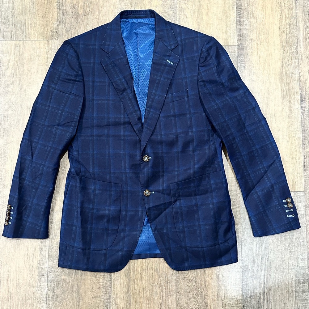 Bespoke Navy Blue Sport Coat w/ Windowpane Plaid Notched Lapels & pick Stitching